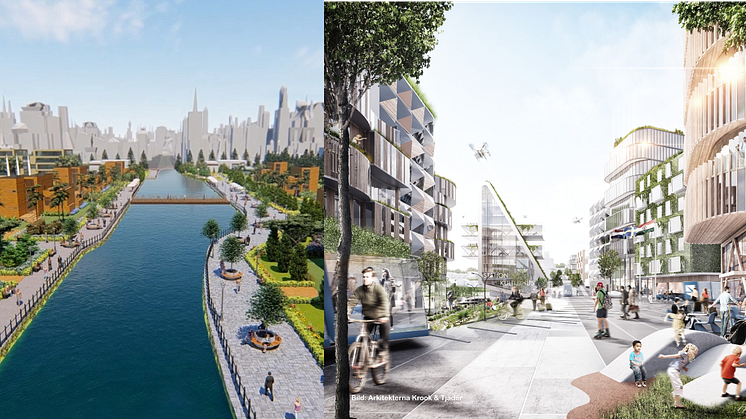 Visionsbilder för nya städer som ska byggas i Namyangju, Sydkorea och Landvetter Södra i Härryda kommun. Båda städerna ska byggas med höga ambitioner inom hållbarhet och innovation.