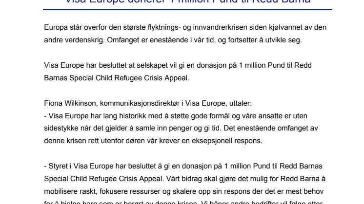 Visa Europe donerer 1 million Pund til Redd Barna