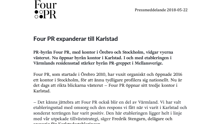 Four PR expanderar till Karlstad