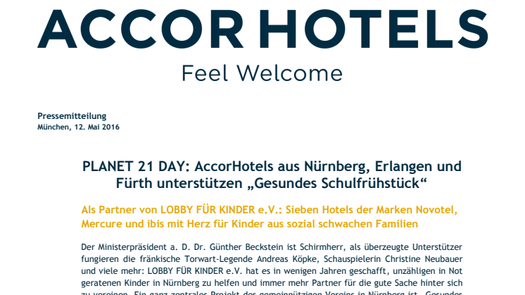 PLANET 21 DAY: AccorHotels aus Nürnberg, Erlangen und Fürth unterstützen „Gesundes Schulfrühstück“
