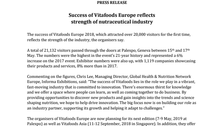 PRESS RELEASE: Success of Vitafoods Europe reflects  strength of nutraceutical industry