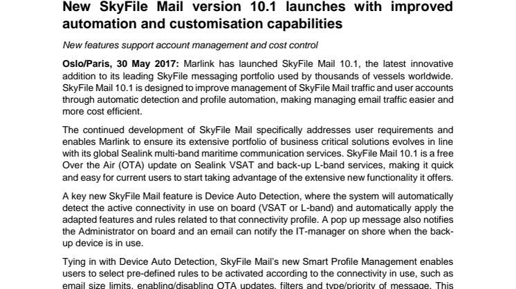 Marlink: New SkyFile Mail version 10.1 launches with improved automation and customisation capabilities