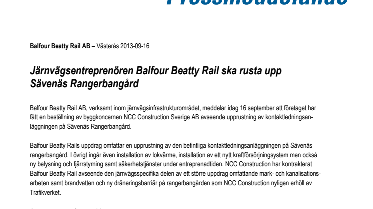 Järnvägsentreprenören Balfour Beatty Rail ska rusta upp Sävenäs Rangerbangård
