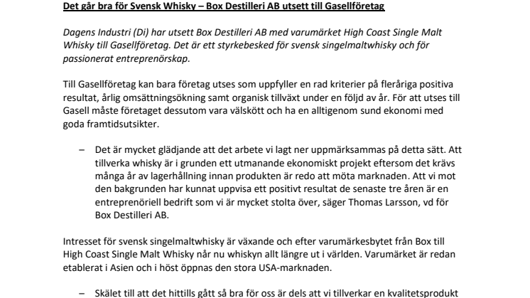 ​Det går bra för Svensk Whisky – Box Destilleri AB utsett till Gasellföretag