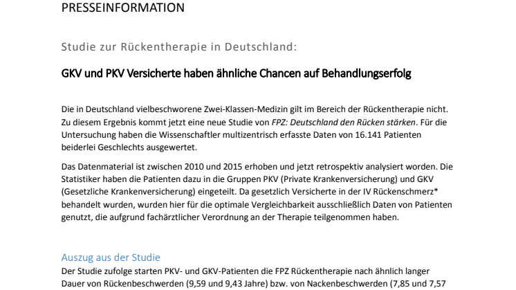 Studie zur Rückentherapie in Deutschland:  GKV und PKV Versicherte haben ähnliche Chancen auf Behandlungserfolg