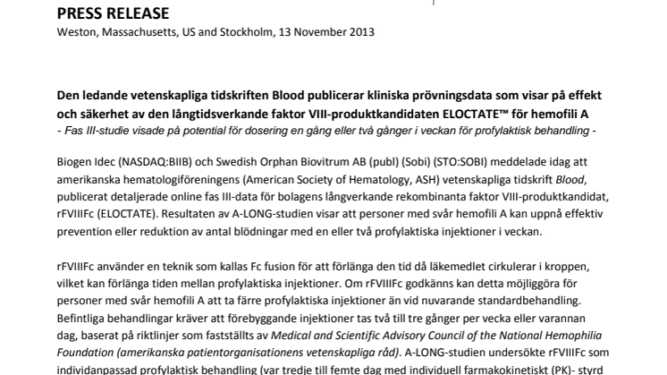 Den ledande vetenskapliga tidskriften Blood publicerar kliniska prövningsdata som visar på effekt och säkerhet av den långtidsverkande faktor VIII-produktkandidaten ELOCTATE(TM) för hemofili A