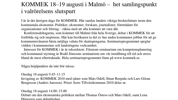 Pressinbjudan till KOMMEK 18–19 augusti i Malmö –  het samlingspunkt i valrörelsens slutspurt