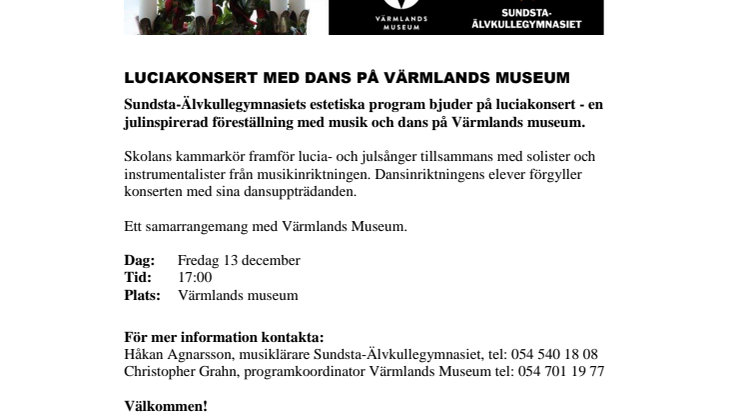 Pressinbjudan: LUCIAKONSERT MED DANS PÅ VÄRMLANDS MUSEUM