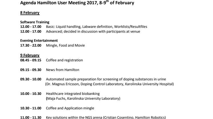Venue and Agenda, User meeting 8-9 Feb 2017