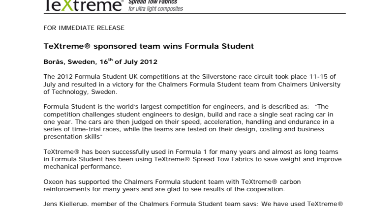 TeXtreme® sponsored team wins Formula Student