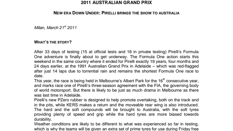 Pirelli Formula 1 press release in English, prewiew Australia