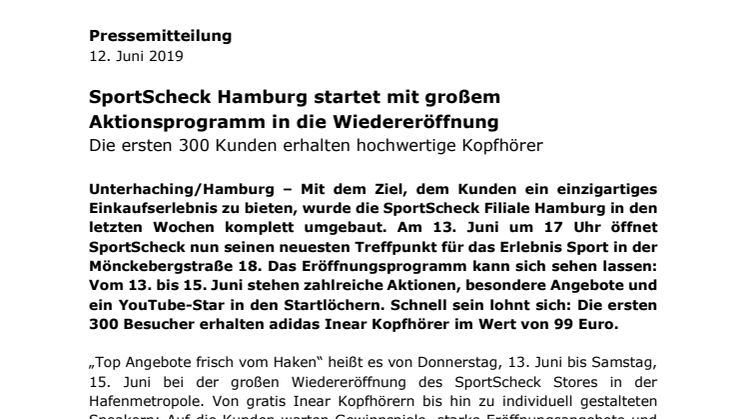 SportScheck Hamburg startet mit großem Aktionsprogramm in die Wiedereröffnung: Die ersten 300 Kunden erhalten hochwertige Kopfhörer