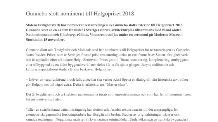 Gunnebo slott nominerat till Helgopriset 2018