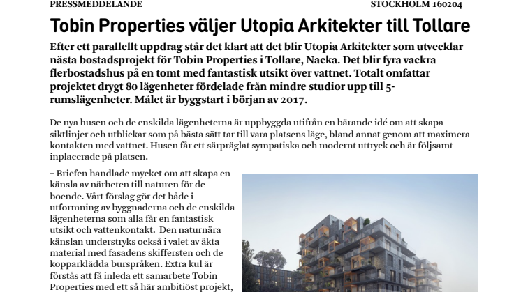 Tobin Properties väljer Utopia Arkitekter till Tollare