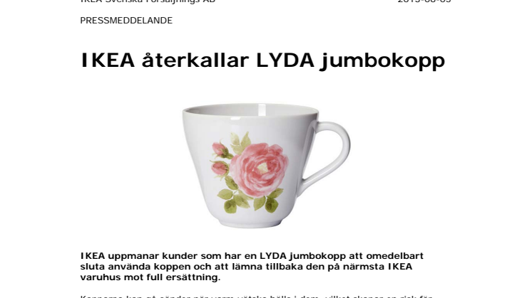 IKEA återkallar LYDA jumbokopp