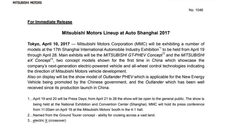 Mitsubishi Motors Lineup at Auto Shanghai 2017