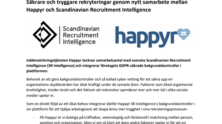 Säkrare och tryggare rekryteringar genom nytt samarbete mellan Happyr och Scandinavian Recruitment Intelligence 