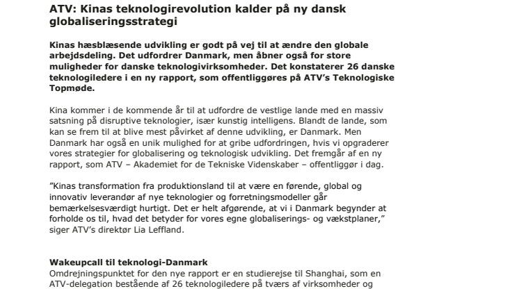 ATV: Kinas teknologirevolution kalder på ny dansk globaliseringsstrategi