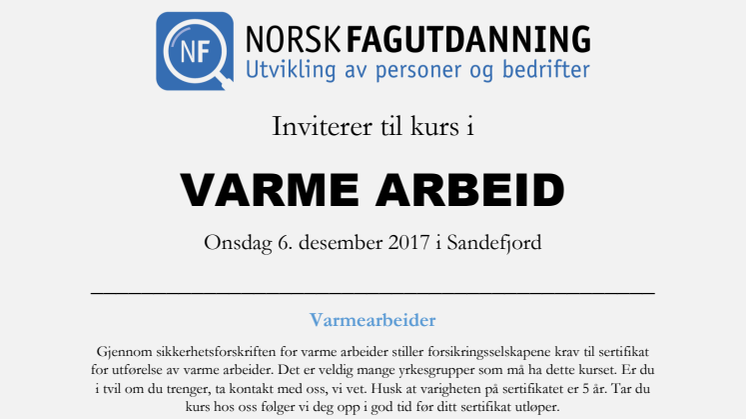 Varmearbeid kurs i Sandefjord 6 desember 2017