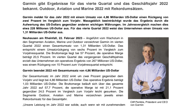 PM_Garmin_CH_Quartalsmeldung Q4_Jahresergebnis 2022