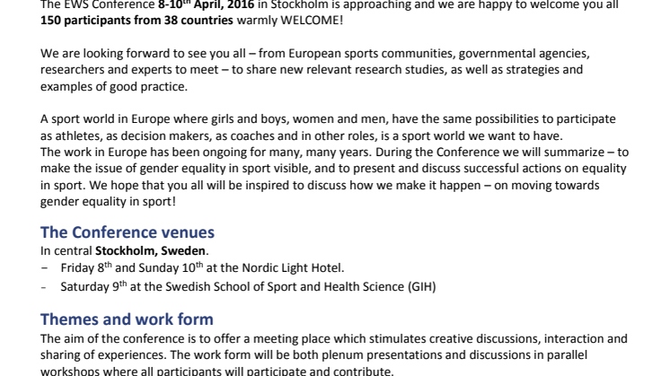 PROGRAM: 150 deltagare från 39 länder i Stockholm för att prata om jämställdhet i idrotten