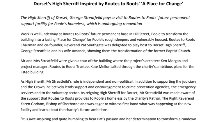 Dorset’s High Sherriff Inspired by Routes to Roots’ ‘A Place for Change’ 