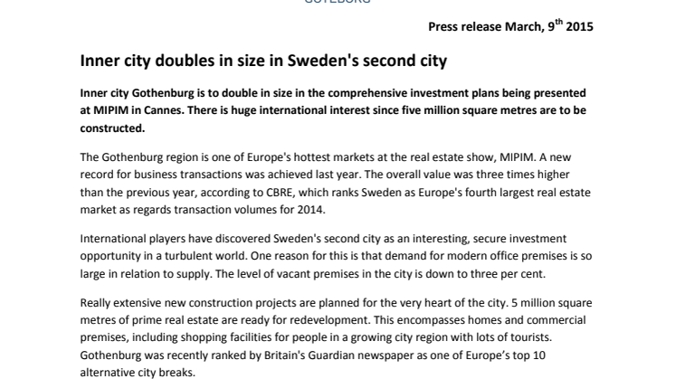 Inner city doubles in size in Sweden's second city 