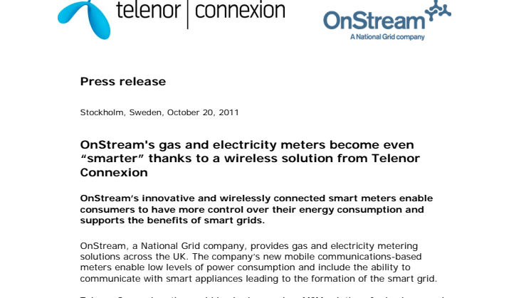 OnStream's gas and electricity meters become even “smarter” thanks to a wireless solution from Telenor Connexion