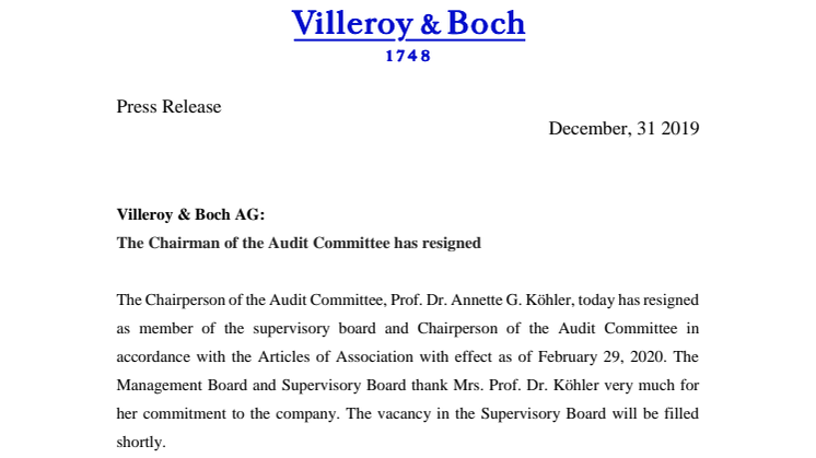 Villeroy & Boch AG: The Chairperson of the Audit Committee has resigned