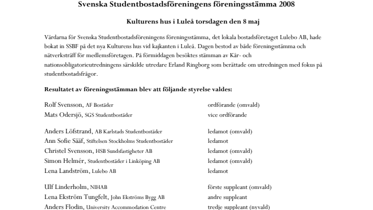 Svenska Studentbostadsföreningens årsstämma 2008
