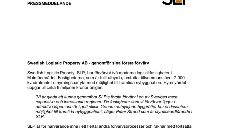 ​Swedish Logistic Property AB - genomför sina första förvärv