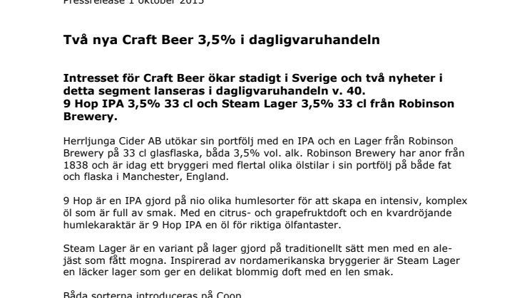 Två nya Craft Beer 3,5% i dagligvaruhandeln 