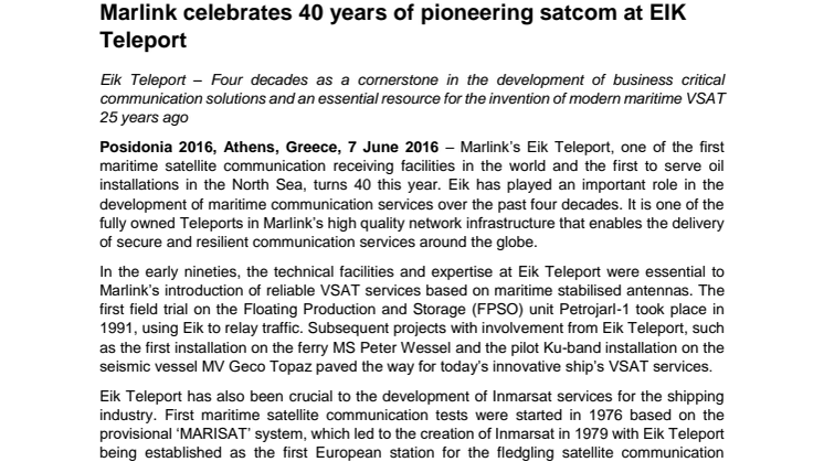 Marlink: Marlink Celebrates 40 Years of Pioneering Satcom at Eik Teleport