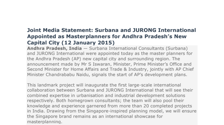 Surbana and JURONG International Appointed as Masterplanners for Andhra Pradesh’s New Capital City