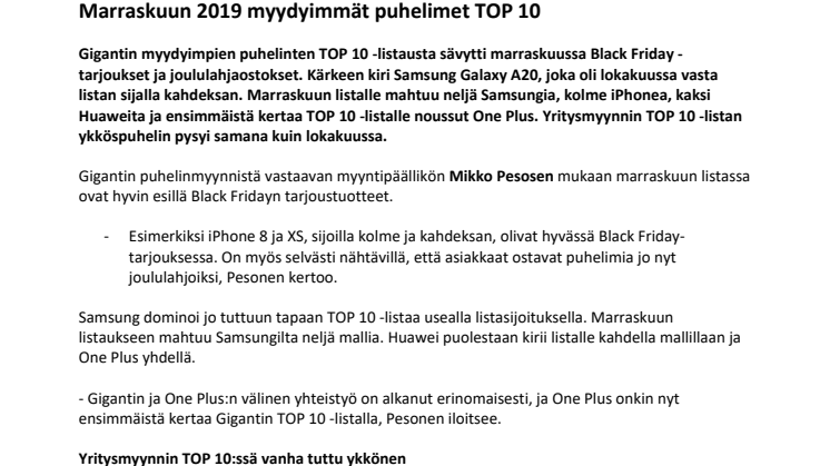 Marraskuun 2019 myydyimmät puhelimet TOP 10