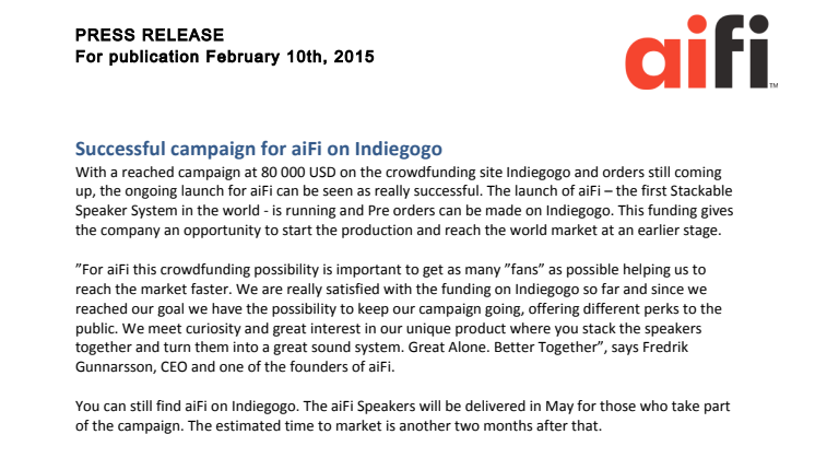 Lyckad kampanj för aiFi på Indiegogo