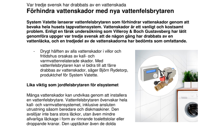 Var tredje svensk har drabbats av en vattenskada - Förhindra vattenskador med nya vattenfelsbrytaren