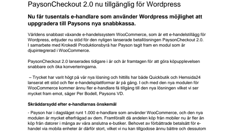 PaysonCheckout 2.0 nu tillgänglig för Wordpress