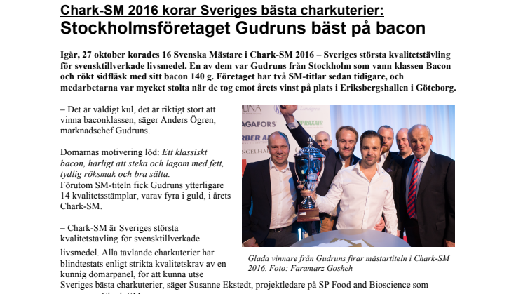 Chark-SM 2016 korar Sveriges bästa charkuterier:  Stockholmsföretaget Gudruns bäst på bacon