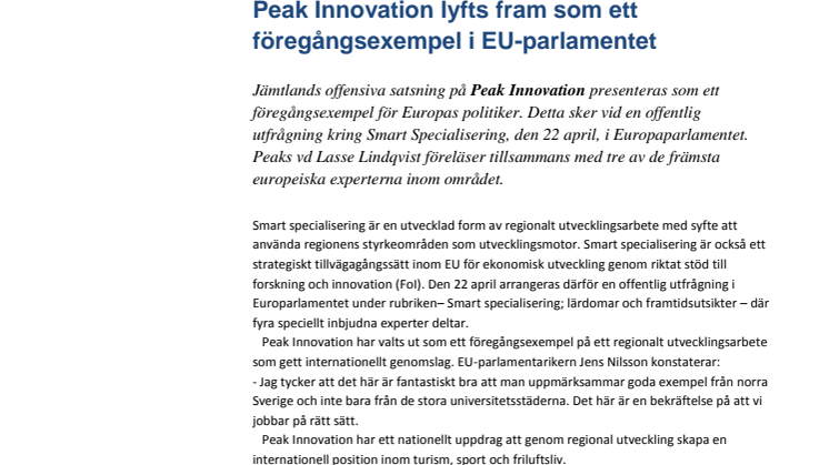 Peak Innovation lyfts fram som ett föregångsexempel i EU-parlamentet