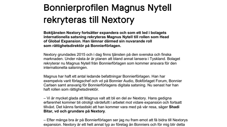 Bonnierprofilen Magnus Nytell rekryteras till Nextory