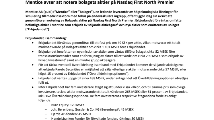Mentice avser att notera bolagets aktier på Nasdaq First North Premier