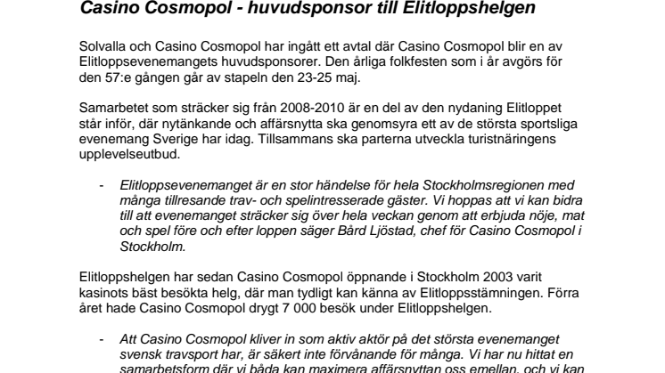 Casino Cosmopol - huvudsponsor till Elitloppshelgen