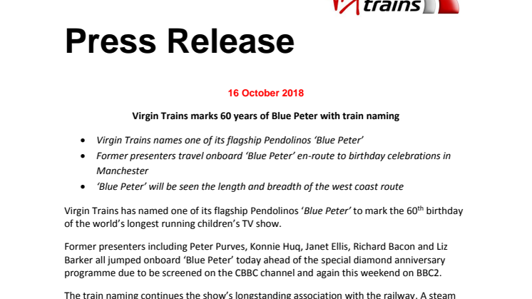 ​Virgin Trains marks 60 years of Blue Peter with train naming
