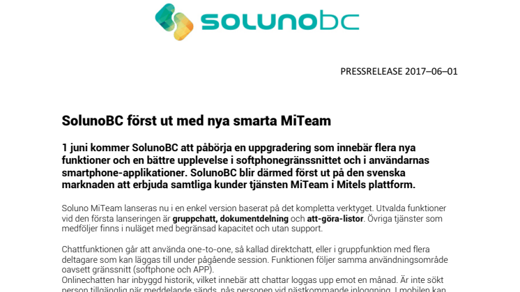 ​SolunoBC först ut med nya smarta MiTeam
