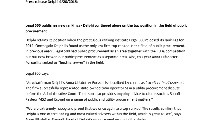 Legal 500 publishes new rankings - Delphi continued alone on the top position in the field of public procurement