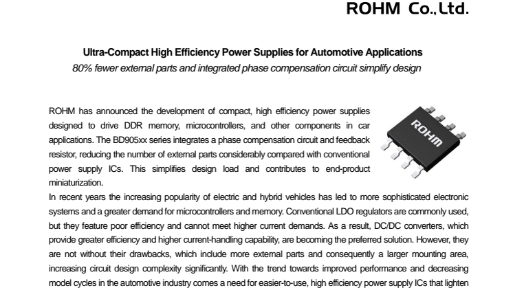 Ultra-Compact High Efficiency Power Supplies for Automotive Applications: 80% fewer external parts and integrated phase compensation circuit simplify design