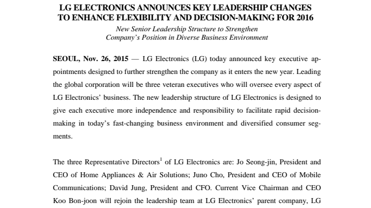 LG ELECTRONICS ANNOUNCES KEY LEADERSHIP CHANGES TO ENHANCE FLEXIBILITY AND DECISION-MAKING FOR 2016