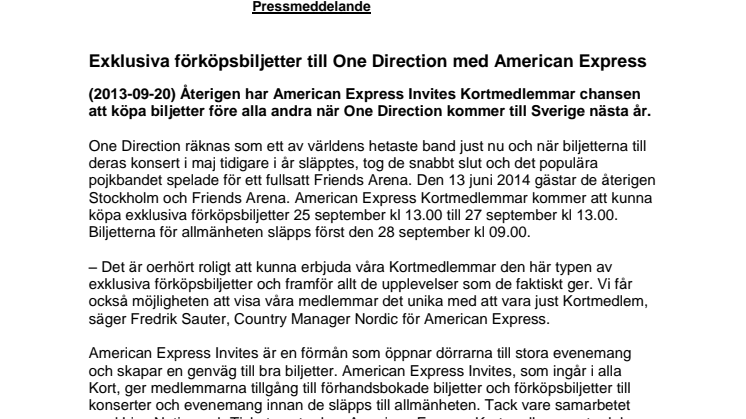 Exklusiva förköpsbiljetter till One Direction med American Express
