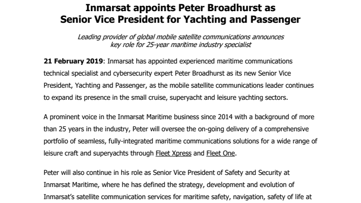 Inmarsat appoints Peter Broadhurst as Senior Vice President for Yachting and Passenger